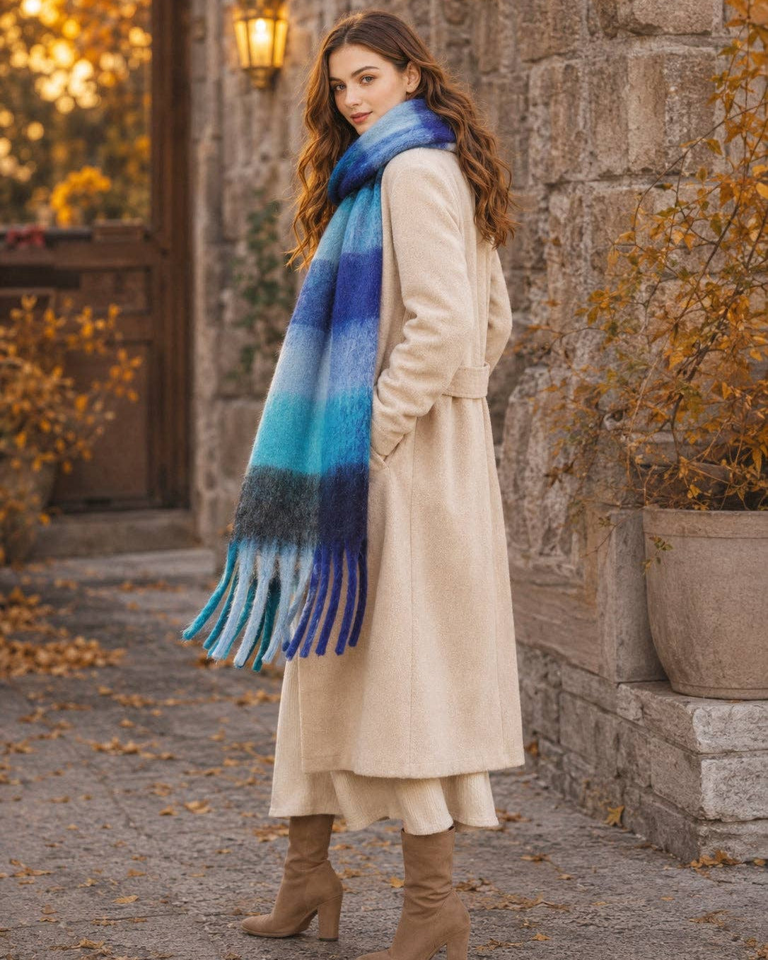 Oversized Colorful Fuzzy Scarf: Navy-Blue