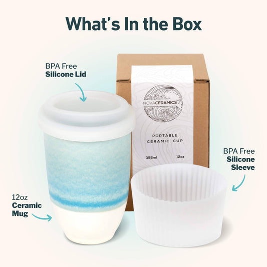 Lagoon Ceramic Coffee Cup – 12oz with Lid & Sleeve