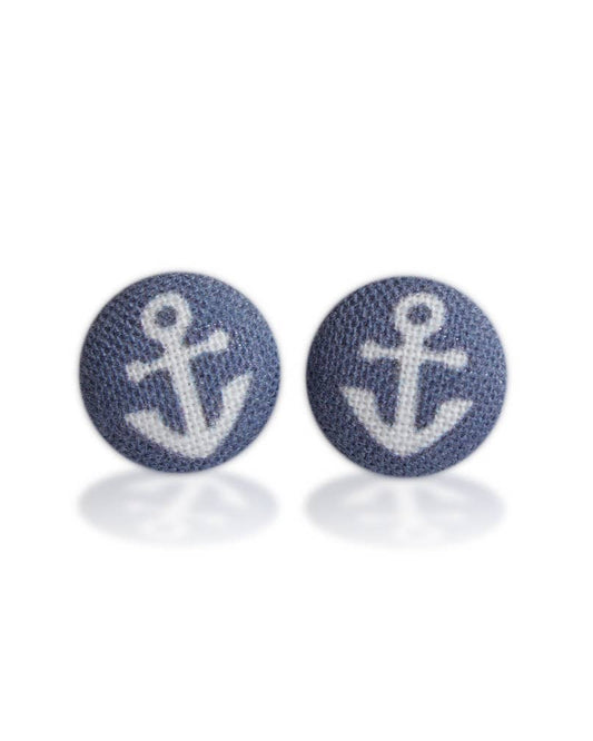 Navy Anchors Fabric Button Earrings
