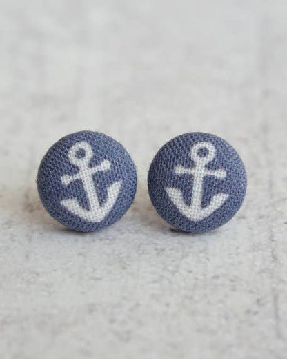 Navy Anchors Fabric Button Earrings