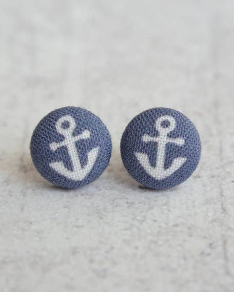 Navy Anchors Fabric Button Earrings