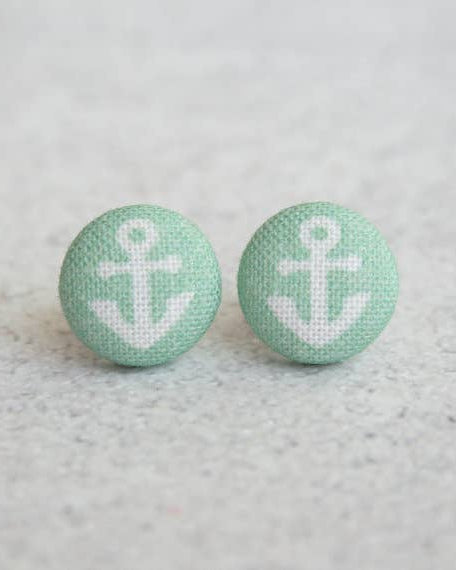 Seafoam Anchor Fabric Button Earrings