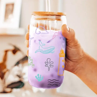 16oz Coastal Doodle Glass