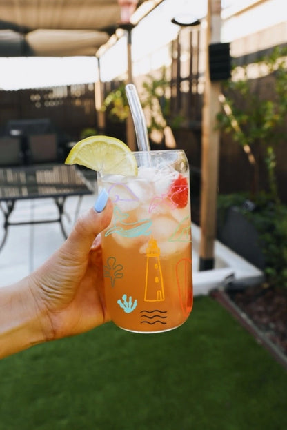 16oz Coastal Doodle Glass