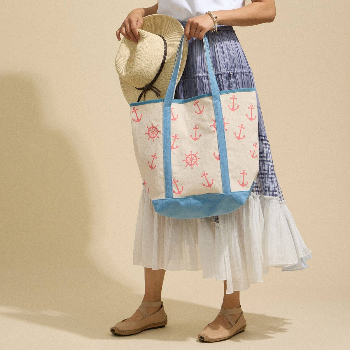 Large Nautical Print Canvas Tote | Beach Carry Bag: Light Blue / One / 5DG78009