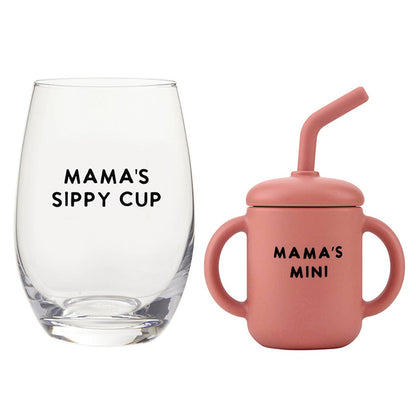 Mama and Mini Wine Glass and Sippy Cup Set