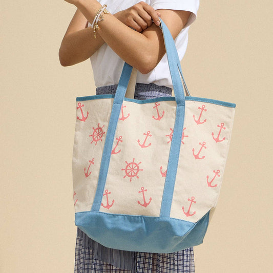 Large Nautical Print Canvas Tote | Beach Carry Bag: Light Blue / One / 5DG78009