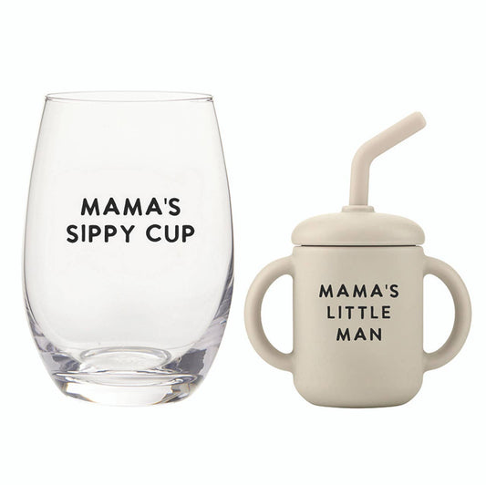 Mama and Little Man Wine Glass and Sippy Cup Set