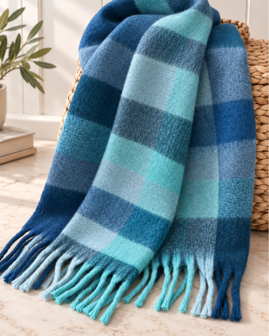 Oversized Colorful Fuzzy Scarf: Navy-Blue