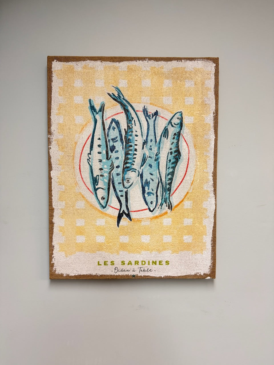 Distressed Burlap Wall Decor- Sardines