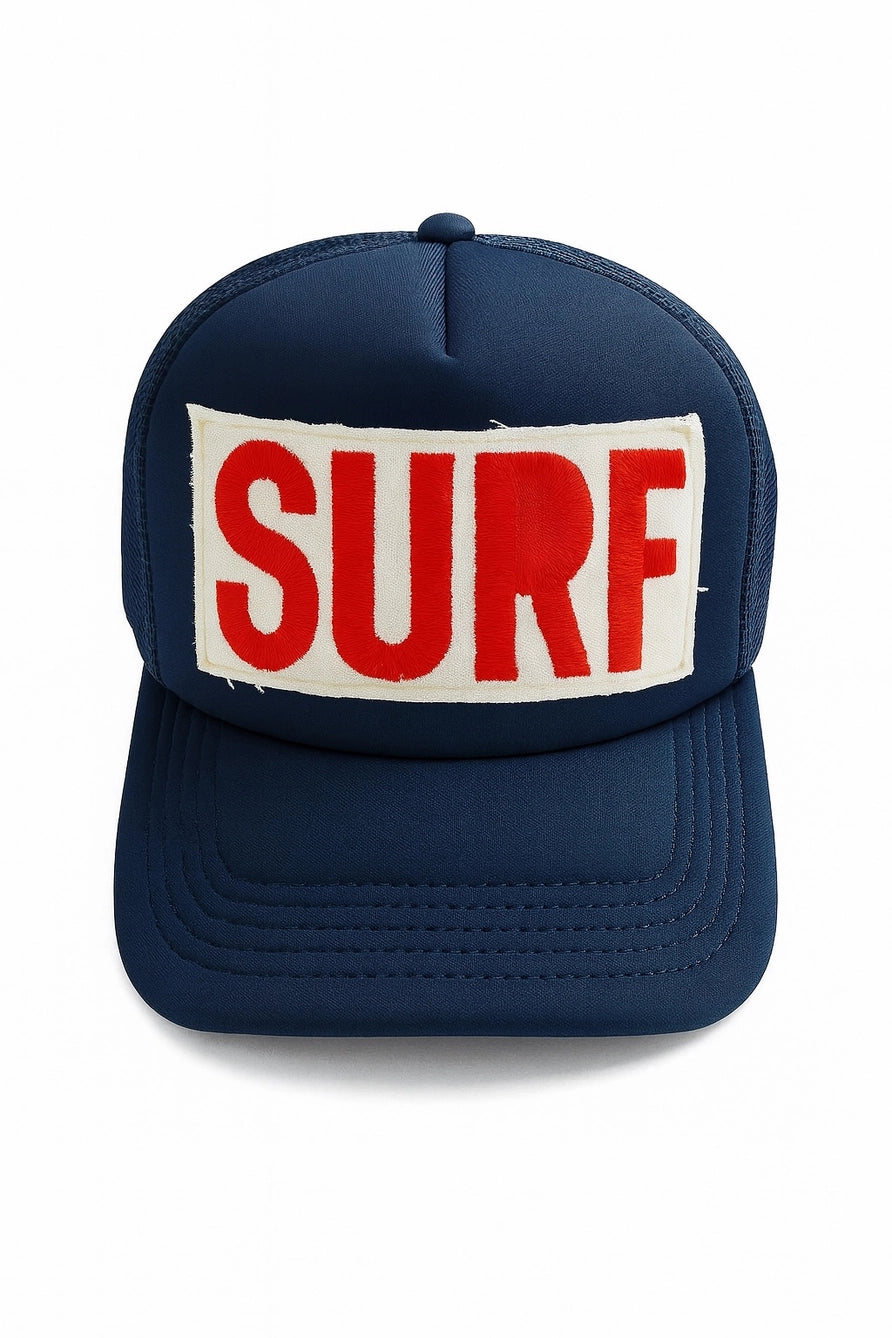 Surf Embroidered Patch Trucker Hat: Blue/Red Surf