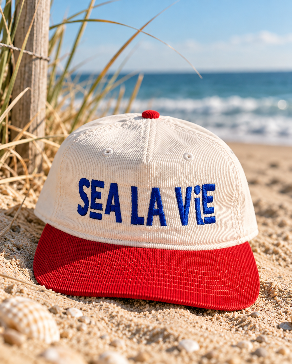 SEA LA VIE Embroidered Corduroy Hat | White