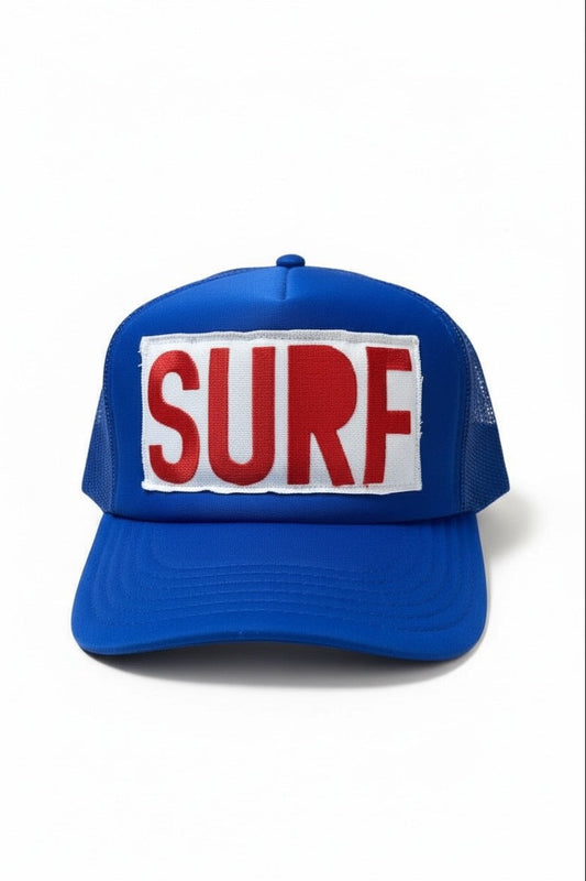 Surf Embroidered Patch Trucker Hat: Blue/Red Surf