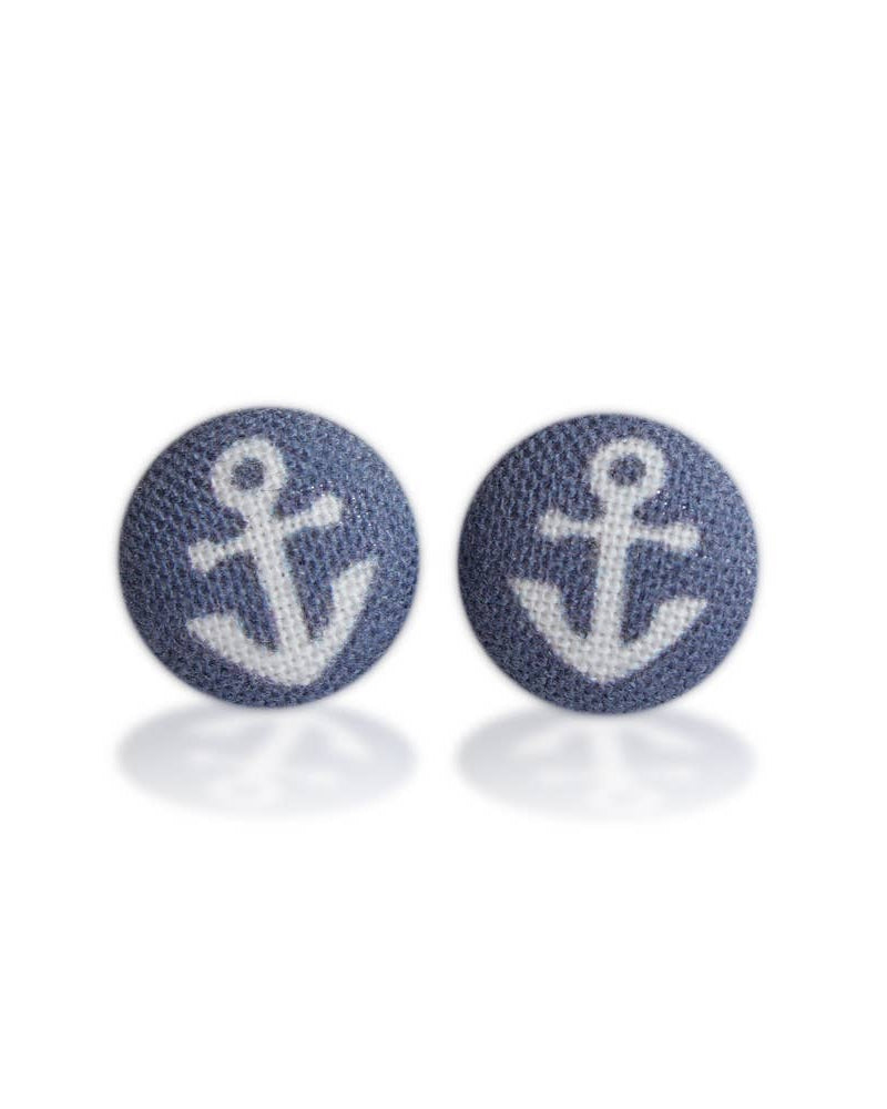 Navy Anchors Fabric Button Earrings