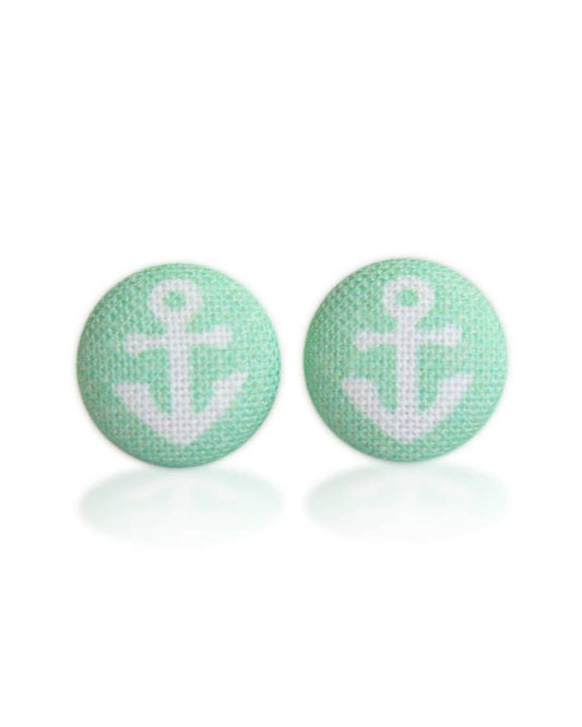 Seafoam Anchor Fabric Button Earrings